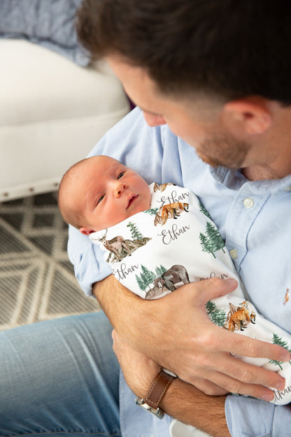 Woodland Swaddle and Hat Set, Bear Hospital Baby Boy Blanket - Little Explorer