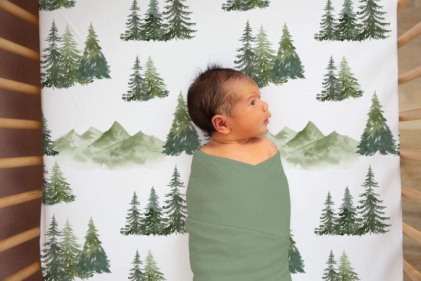 Mountains and Pine Trees Crib Sheet, Forest Nursery Bedding - Enchanted Green