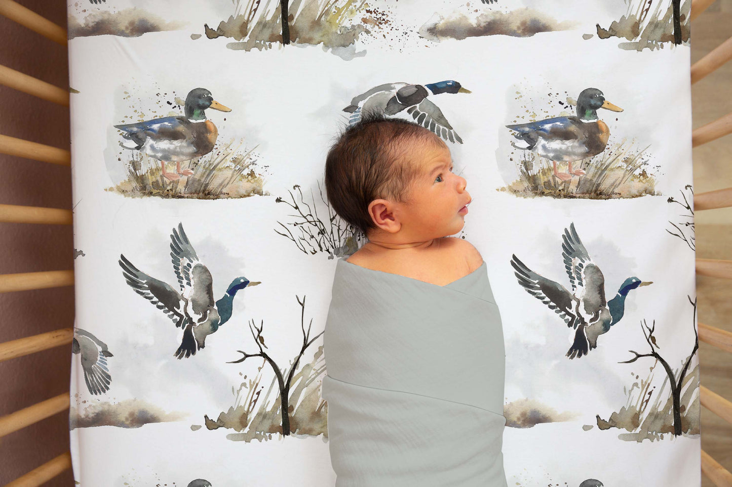 Mallard Ducks Crib Sheet, Ducks Hunting Nursery Bedding - Hunter