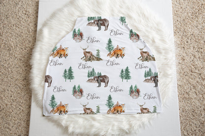 Woodland Personalized Car Seat Cover, Forest Nursing Cover - Little Explorer