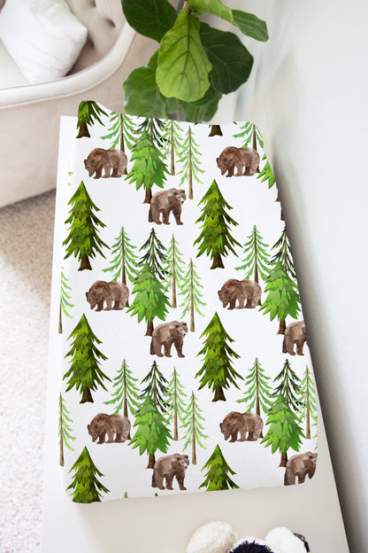 Pine trees and Bear Changing Pad Cover, Woodland Nursery - Into the Woods