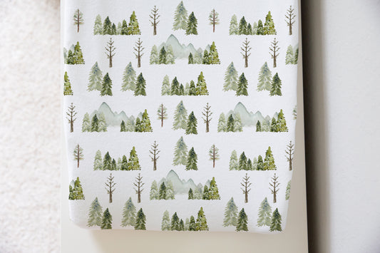 Pine Trees and Mountains Changing Pad Cover, Forest Nursery Decor- Wild Green