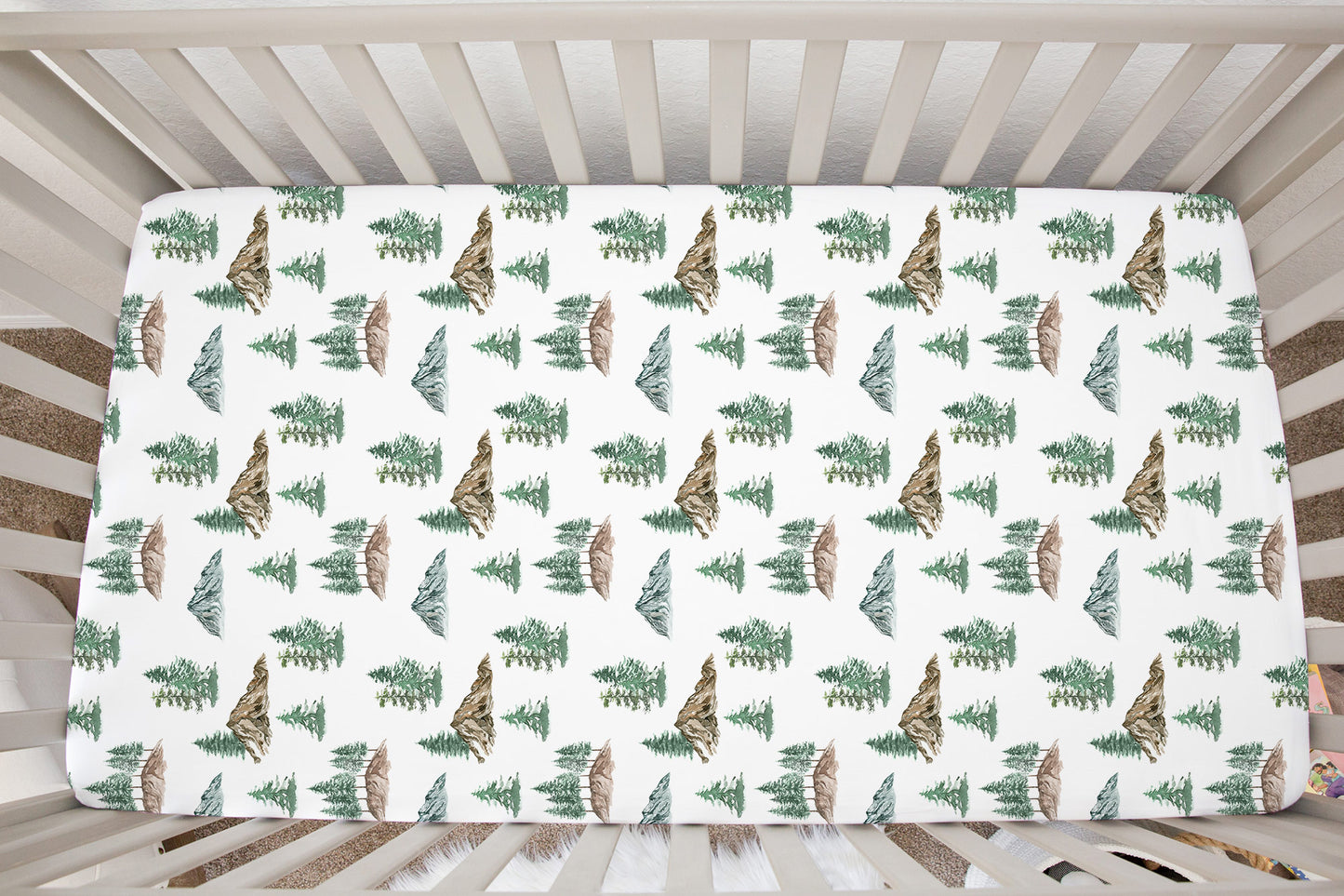 Mountains and Pine Trees Crib Sheet, Forest Nursery Bedding - Little Explorer