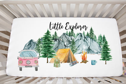 Camping Pink Van Minky Crib Sheet, Woodland Nursery Bedding - Little Explorer