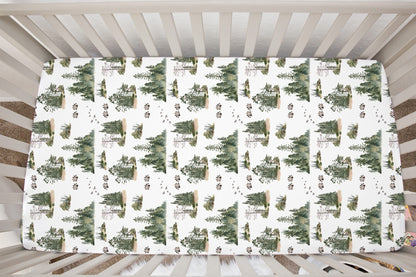 Bear Track  Crib Sheet, Forest Nursery Bedding - Forest Mist
