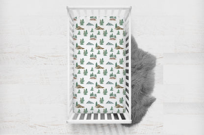 Mountains and Pine Trees Crib Sheet, Forest Nursery Bedding - Little Explorer