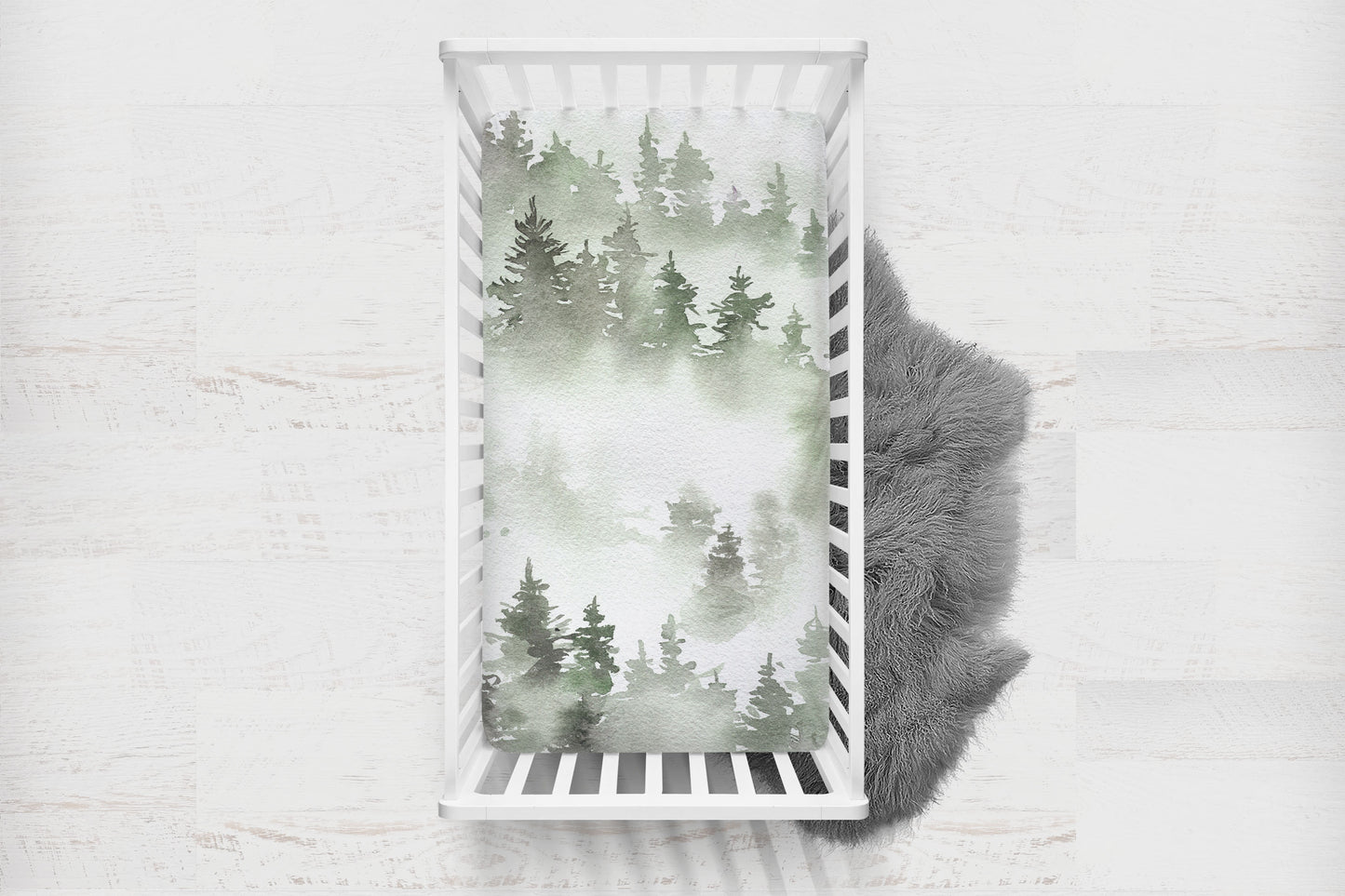 Green Pine Trees Minky Crib Sheet, Forest Nursery Bedding - Little Woodland