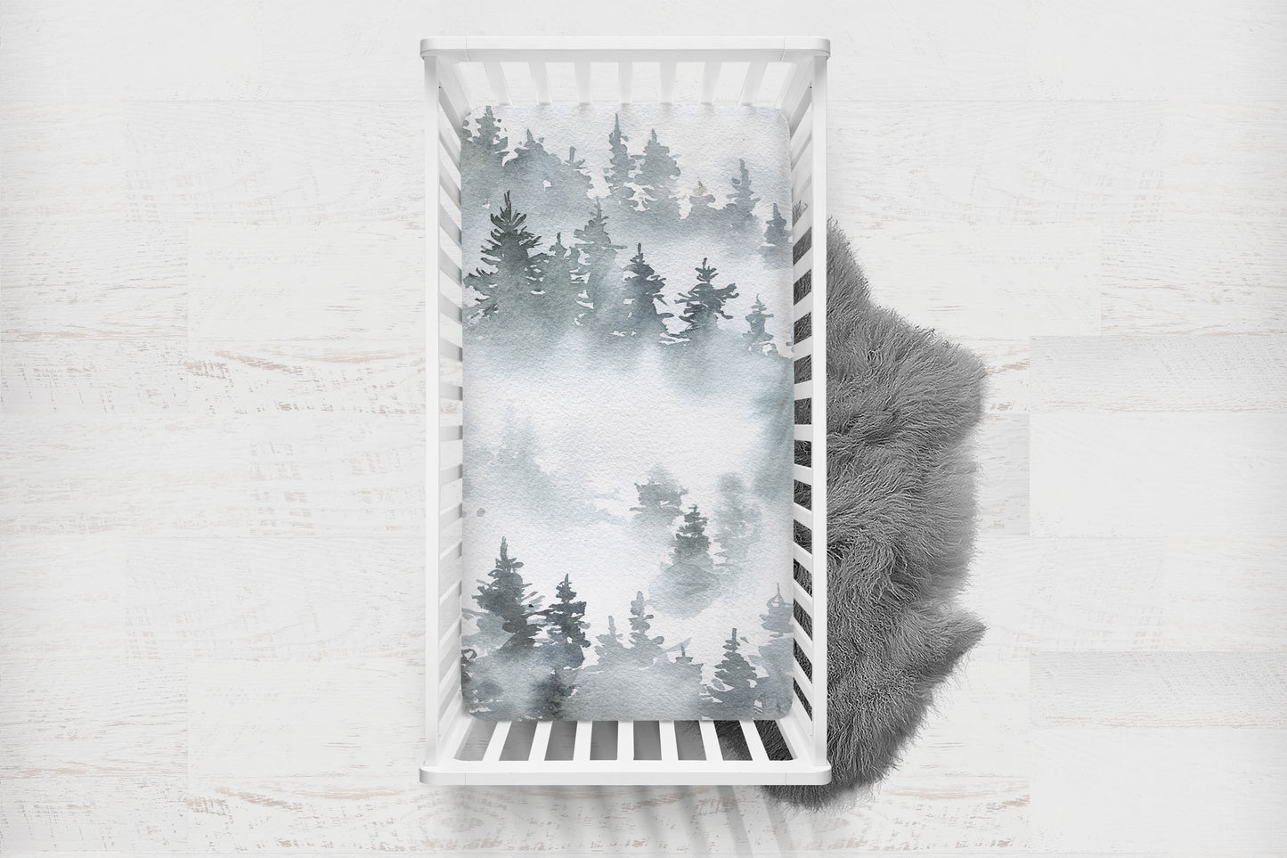 Grey Pine Trees Minky Crib Sheet, Forest Nursery Bedding - Little Woodland