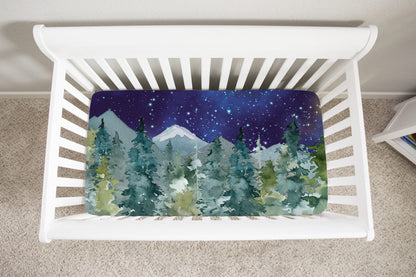 Dark Blue Sky Forest Minky Crib Sheet, Wilderness Nursery Bedding - Majestic Forest