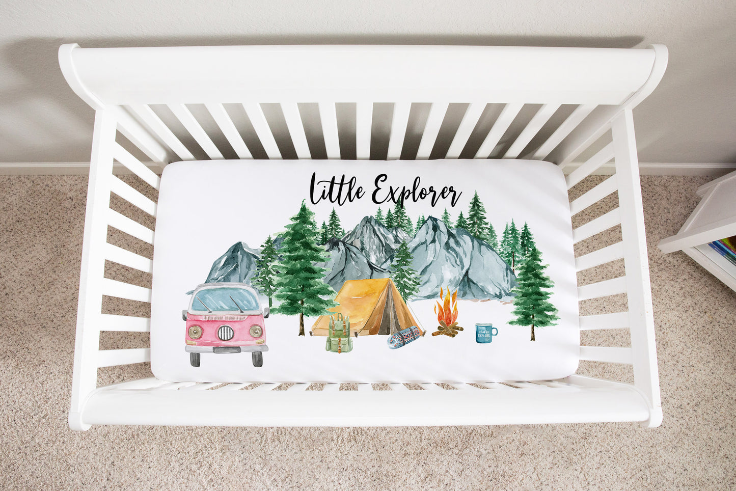 Camping Pink Van Minky Crib Sheet, Woodland Nursery Bedding - Little Explorer