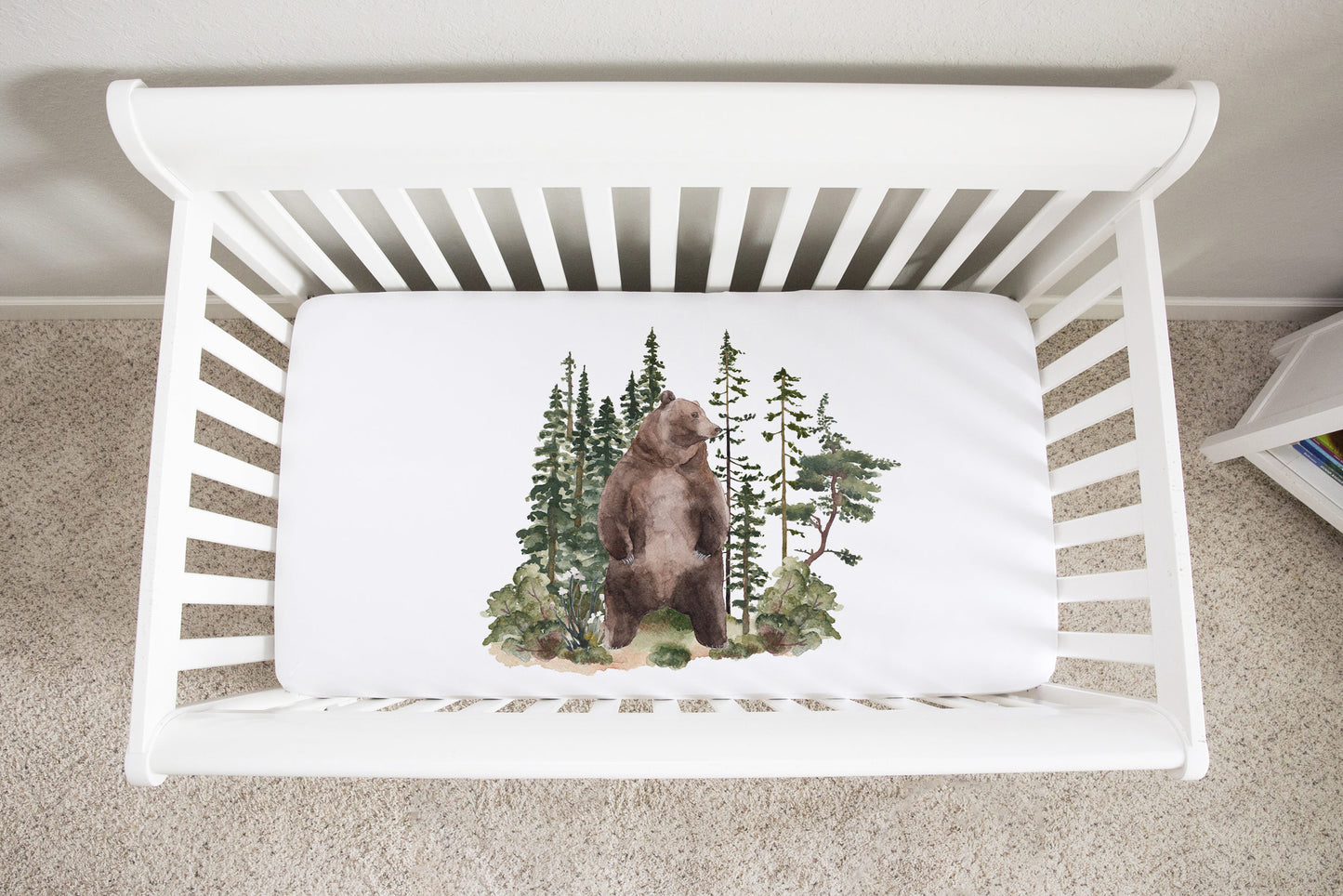 Bear Crib Sheet, Woodland Nursery Bedding - Forest Mist