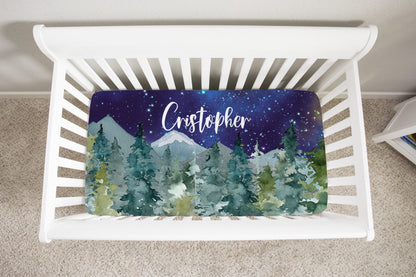 Dark Blue Sky Forest Personalized Minky Crib Sheet, Wilderness Nursery Bedding - Majestic Forest