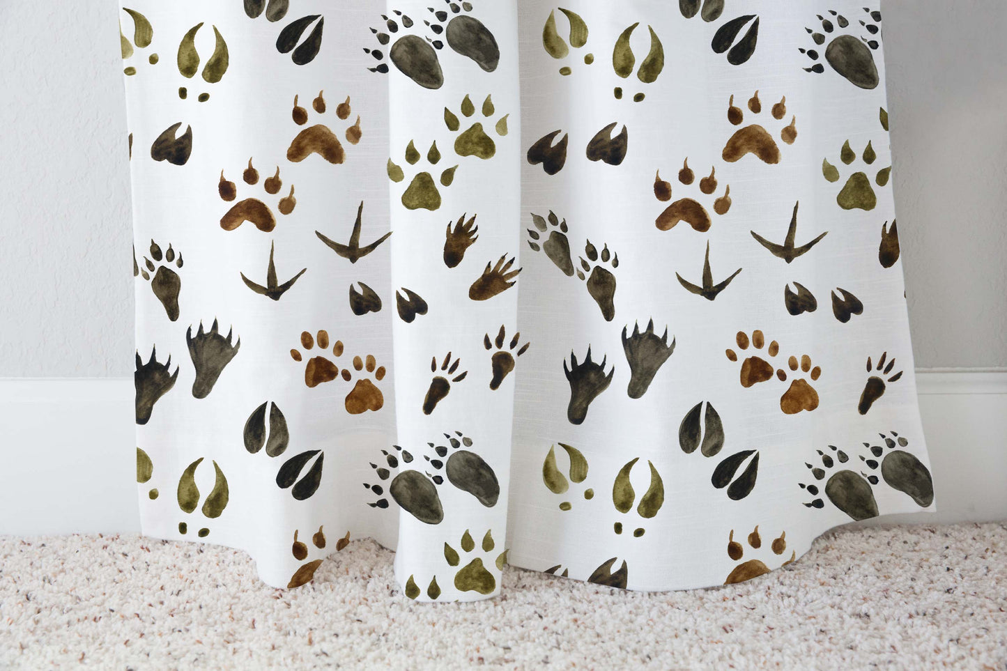 Animal tracks curtain single panel, Woodland nursery decor - Footprints in the forest