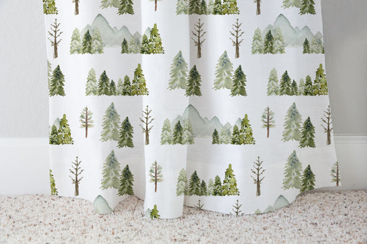 Pine Tree and Mountains Curtain Single Panel, Forest Nursery Decor - Wild Green