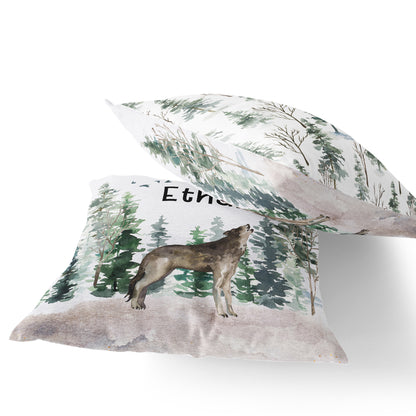 Wolf Personalized Pillow, Woodland Nursery Decor - Enchanted Forest