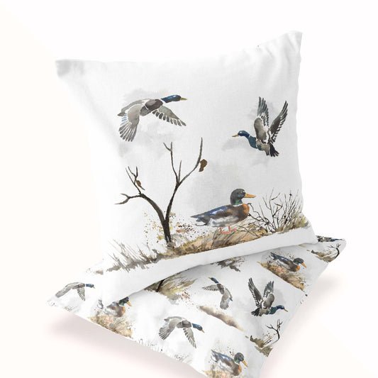 Mallard ducks pillow cover, Duck faux suede square pillow case - Hunter
