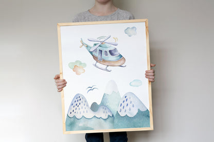 Helicopter Printable Wall Art, Airplanes Nursery Print - Up In The Sky