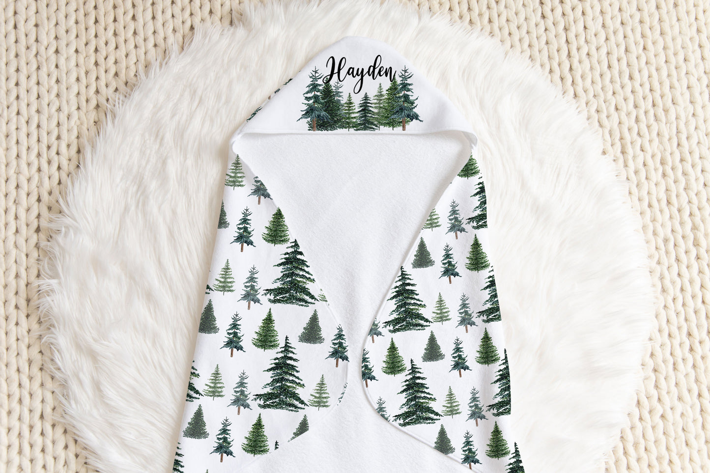 Pine Trees Personalized Hooded Baby Towel, Woodland Baby Boy Towel - The Forest