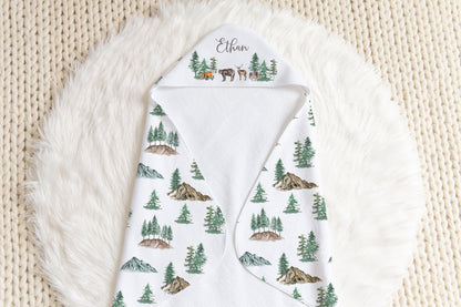 Forest Personalized Hooded Baby Towel, Woodland Baby Boy Towel - Little Explorer