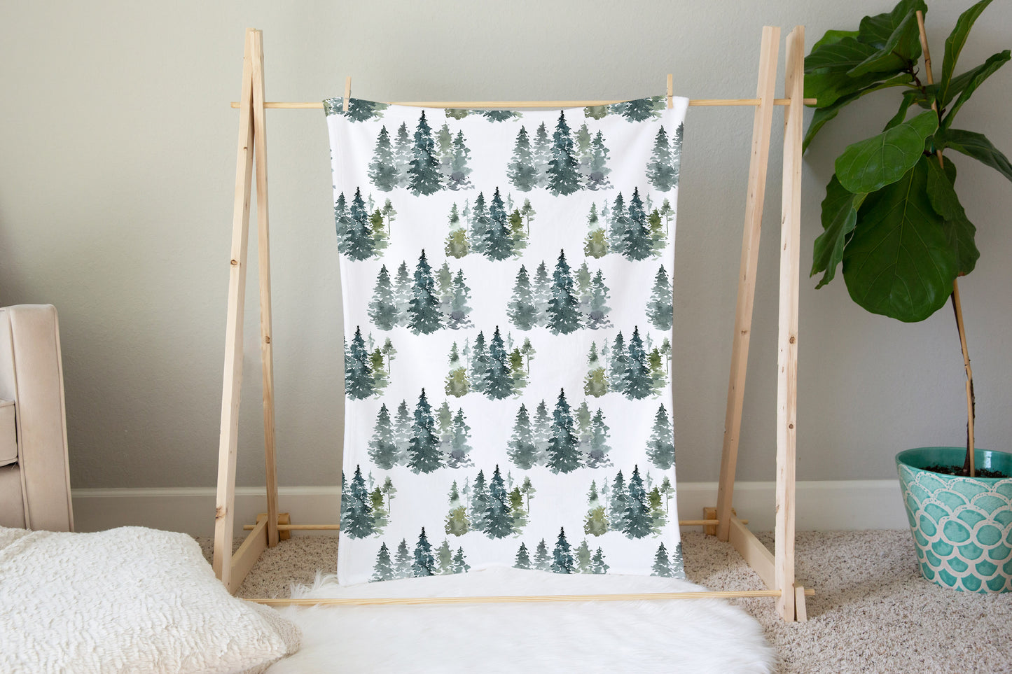 Pine Trees Minky Blanket, Forest Nursery Bedding - Majestic Forest
