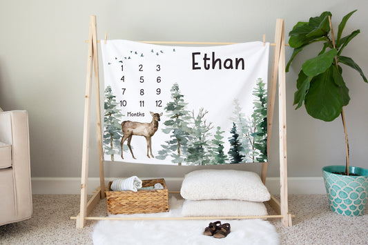 Deer Personalized Milestone Blanket, Woodland Baby Monthly Growth Tracker - Enchanted Forest