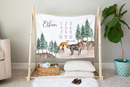 Bear Personalized Milestone Blanket, Woodland Baby Monthly Growth Tracker - Little Explorer
