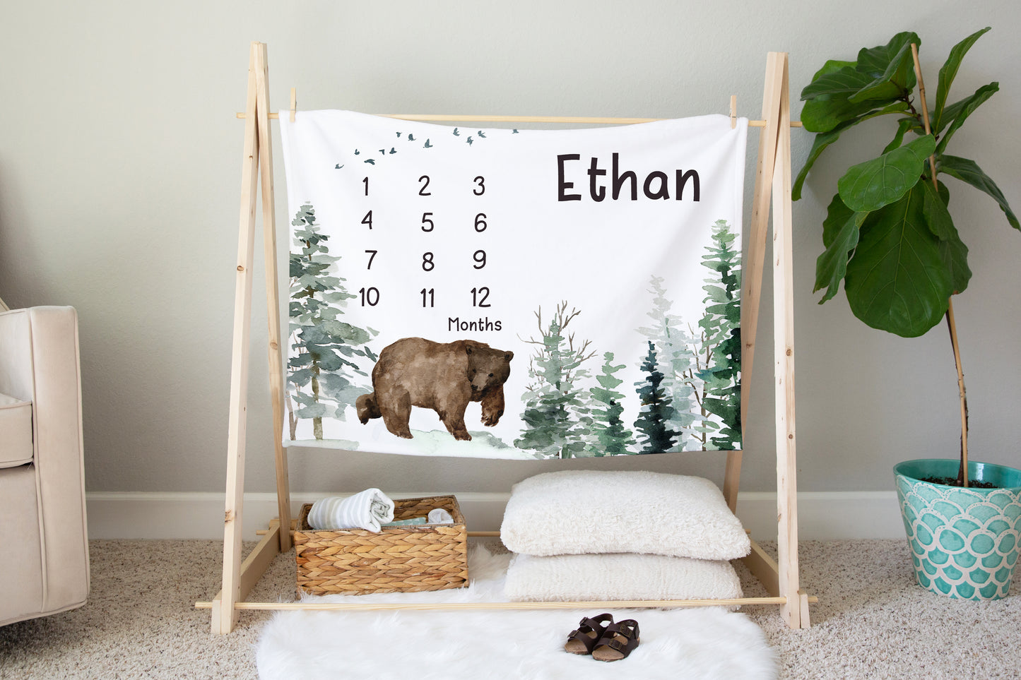 Bear Personalized Milestone Blanket, Woodland Baby Monthly Growth Tracker - Enchanted Forest