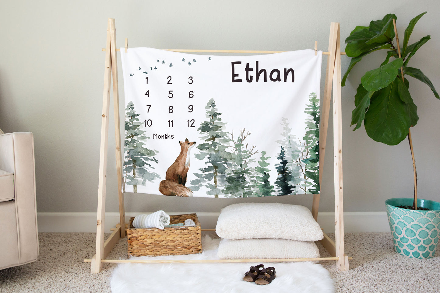 Fox Personalized Milestone Blanket, Woodland Baby Monthly Growth Tracker - Enchanted Forest