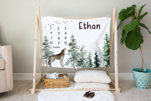 Wolf Personalized Milestone Blanket, Woodland Baby Monthly Growth Tracker - Enchanted Forest