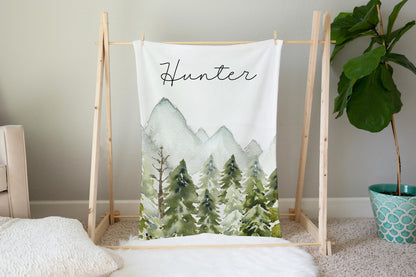 Forest Personalized Minky Blanket, Woodland Nursery Bedding - Wild Green