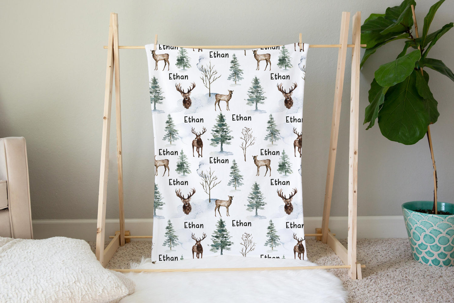 Deer Personalized Minky Blanket, Woodland Nursery Bedding - Enchanted Forest