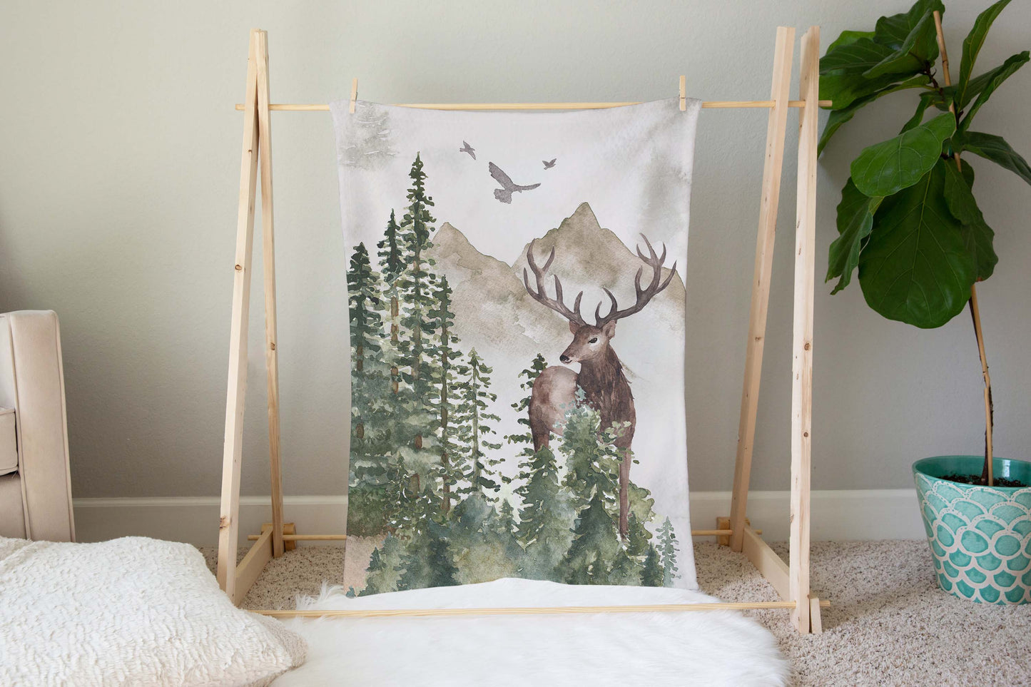 Deer Minky Blanket | Woodland Nursery Bedding - Forest Mist