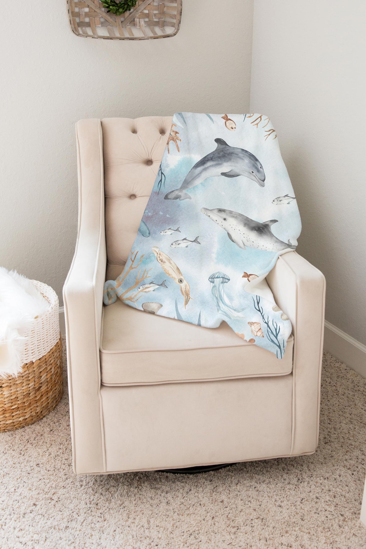 Dolphins Minky Blankets, Under the Sea Nursery Bedding - Deep Ocean