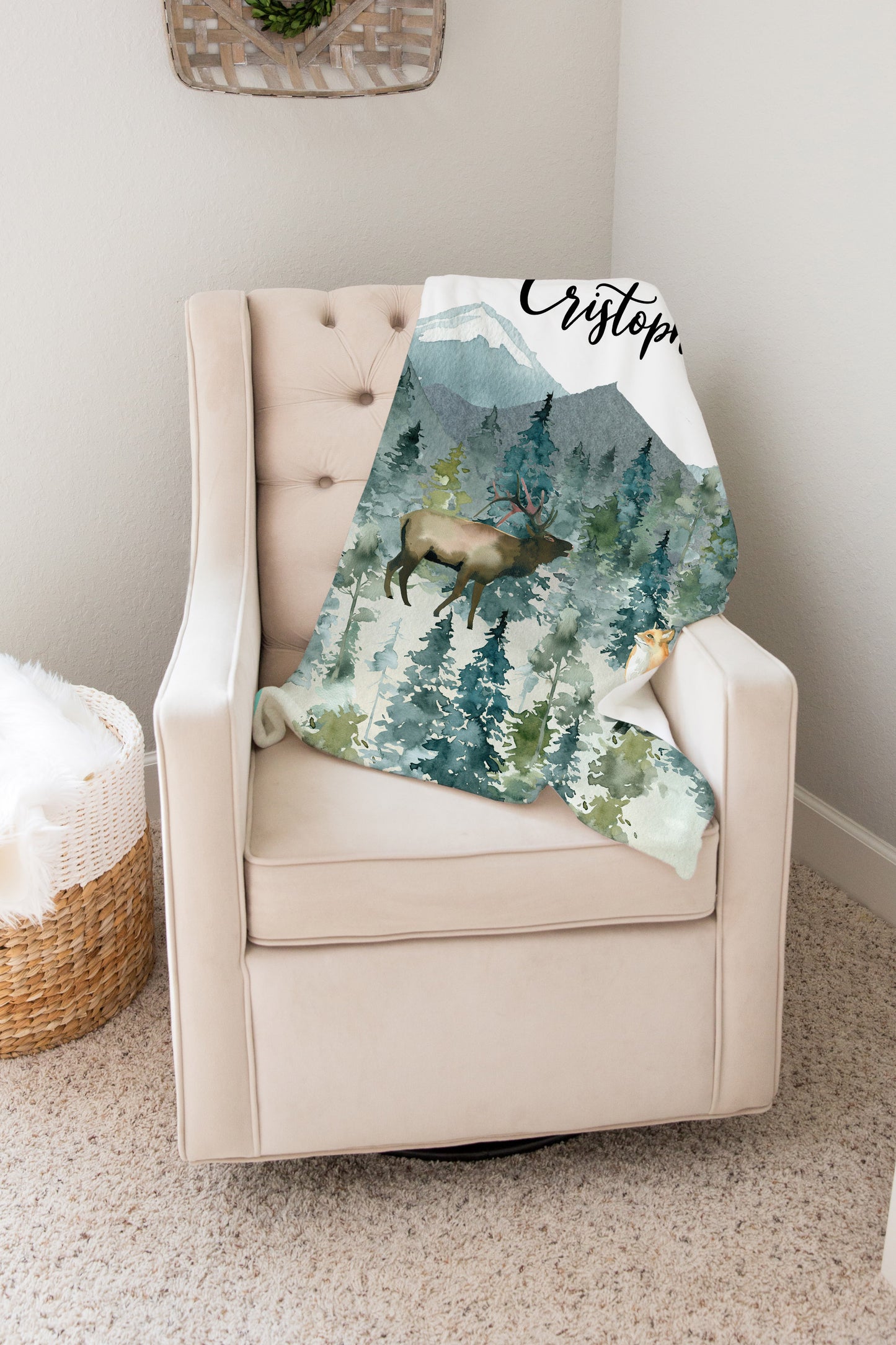 Moose and Fox Personalized Minky Blanket, Forest Nursery Bedding - Majestic Forest
