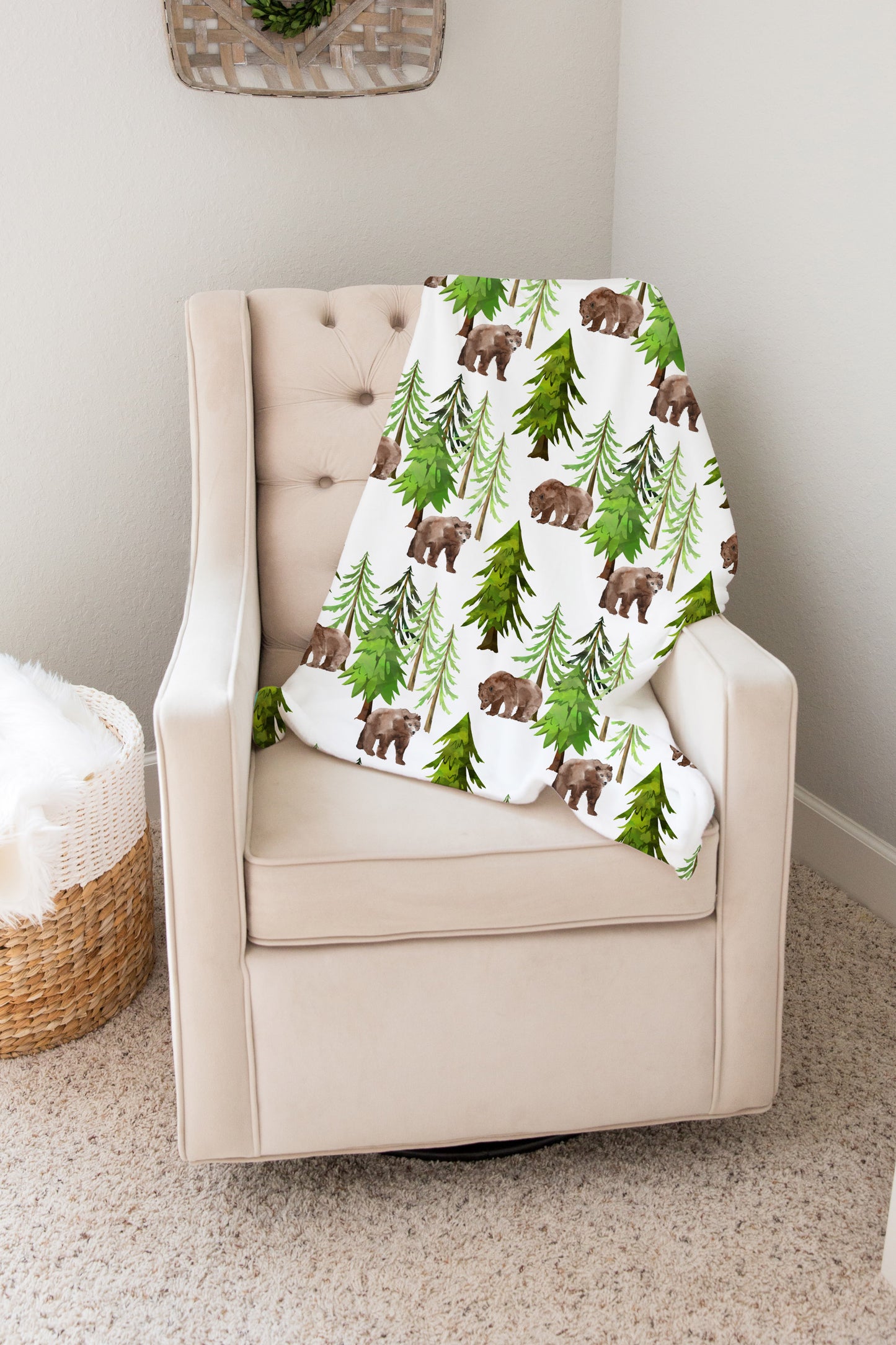 Coniferous Trees and Bear Minky Blanket, Forest Nursery Bedding - Into The Woods