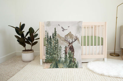 Deer Minky Blanket | Woodland Nursery Bedding - Forest Mist