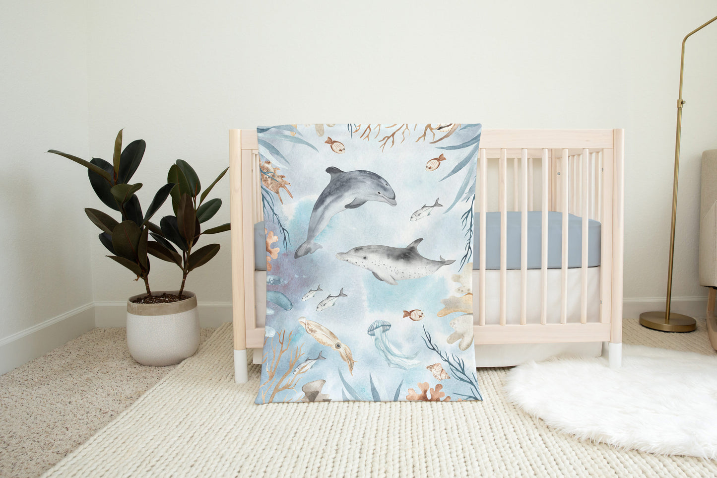 Dolphins Minky Blankets, Under the Sea Nursery Bedding - Deep Ocean