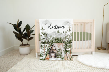 Personalized Cabin Minky Blanket, Forest Nursery Bedding - Cabin Life