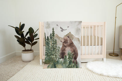 Bear Minky Blanket, Woodland Nursery Bedding - Forest Mist