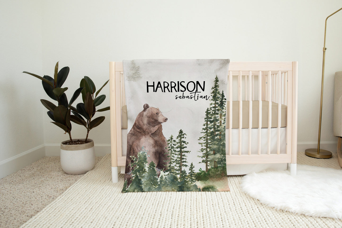 Bear Personalized Minky Blanket, Woodland Nursery Bedding - Forest Mist