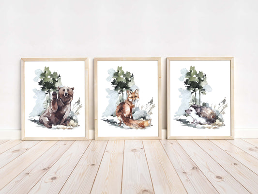 Bear Hedgehog Fox Printable Wall Art, Woodland Nursery Prints Set of 3 - Wild Nature