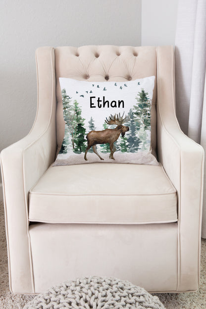 Moose Personalized Pillow, Woodland Nursery Decor - Enchanted Forest