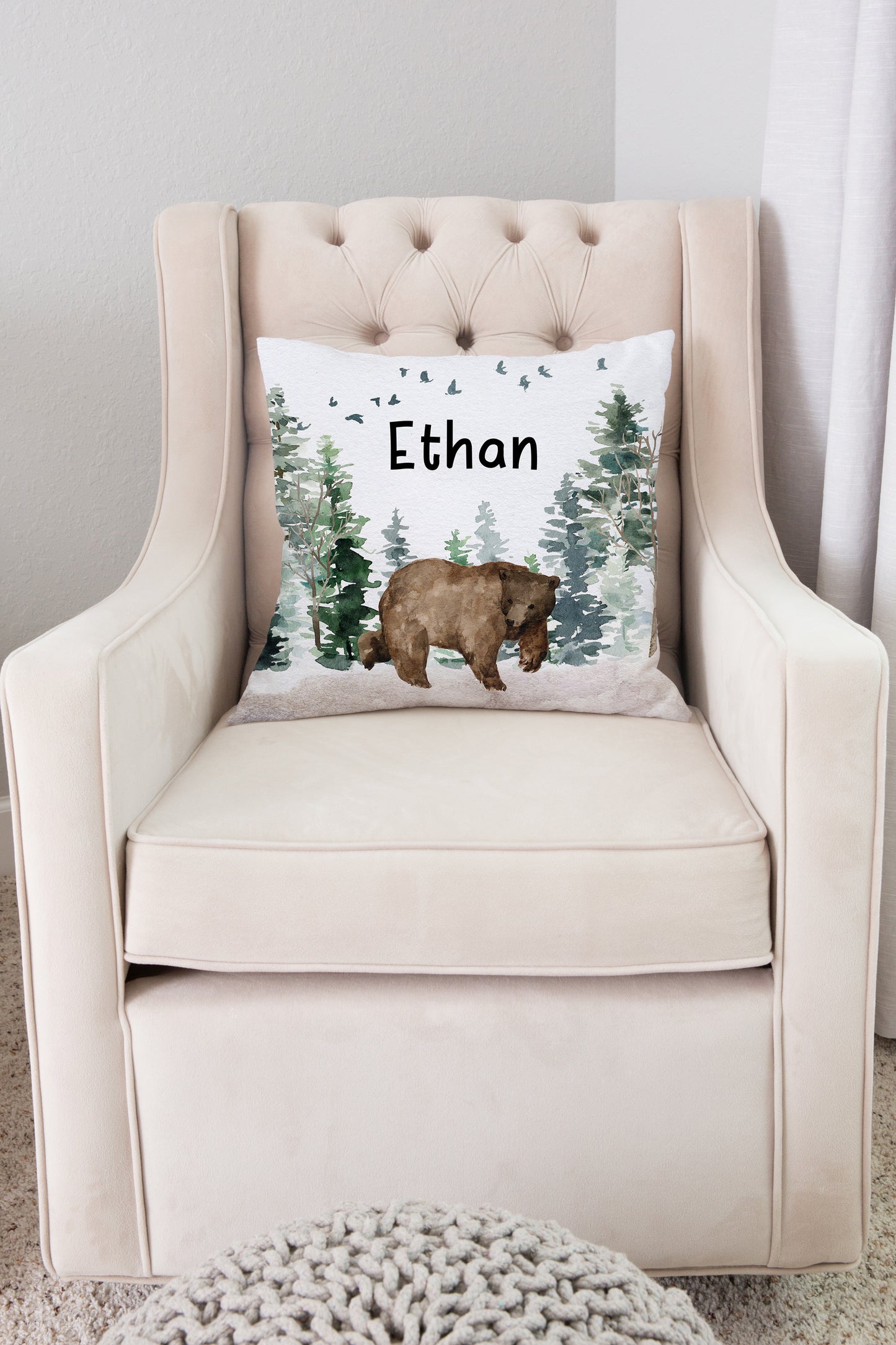 Bear Personalized Pillow, Woodland Nursery Decor - Enchanted Forest