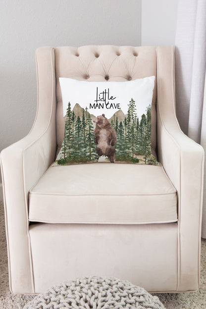 Little Man Cave Bear Pillow Cover Double-sided, Woodland Nursery Bedding- Forest Mist