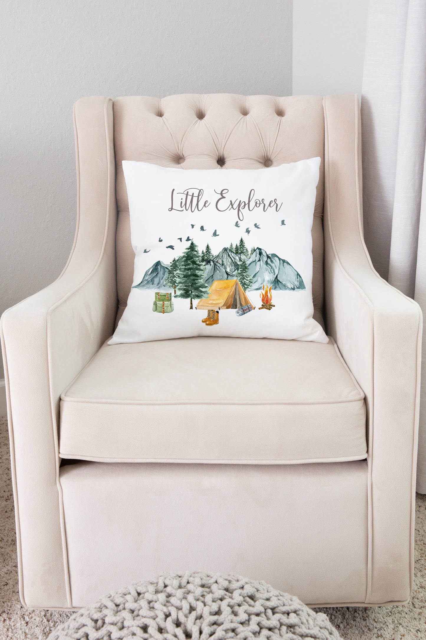 Little Explorer Pillow, Camping Nursery Decor, Double-sided