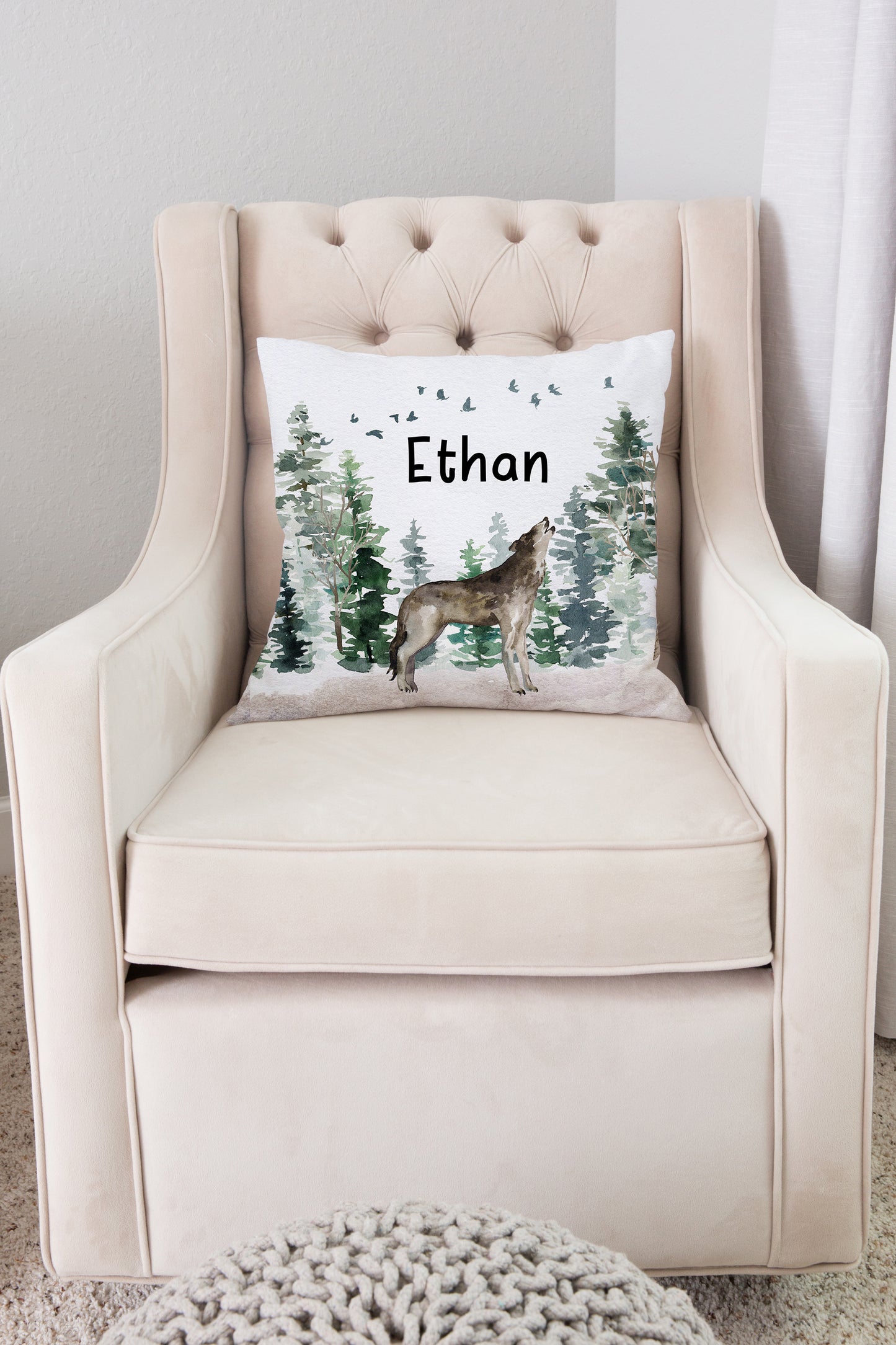 Wolf Personalized Pillow, Woodland Nursery Decor - Enchanted Forest