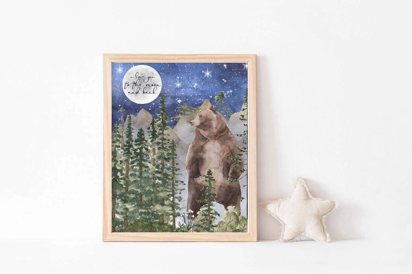 I Love You to The Moon and Back Bear Printable Wall Art, Woodland Nursery Print - Forest Mist
