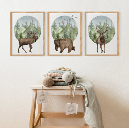 Forest Printable Wall Art, Woodland Nursery Prints Set of 3 - Enchanted Green