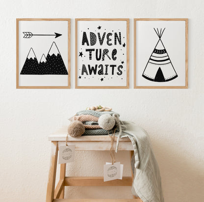 Adventure Awaits Printable Wall Art, Scandinavian Nursery Prints Set of 3