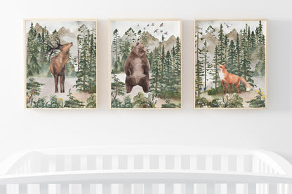 Forest Printable Wall Art, Woodland Nursery Prints Set of 3 - Forest Mist